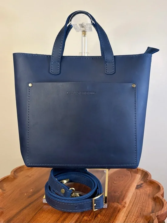Portland Leather Mini Crossbody Tote Deep Water Blue EUC - Picture 15 of 15